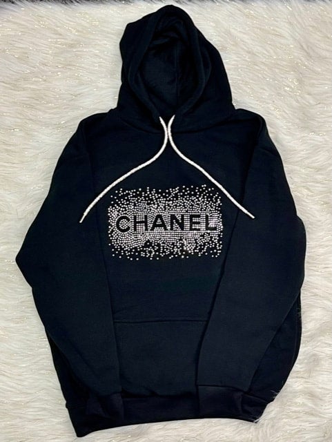 Black CC Pullover Sweater with Crystal Rhinestone Hoodie String